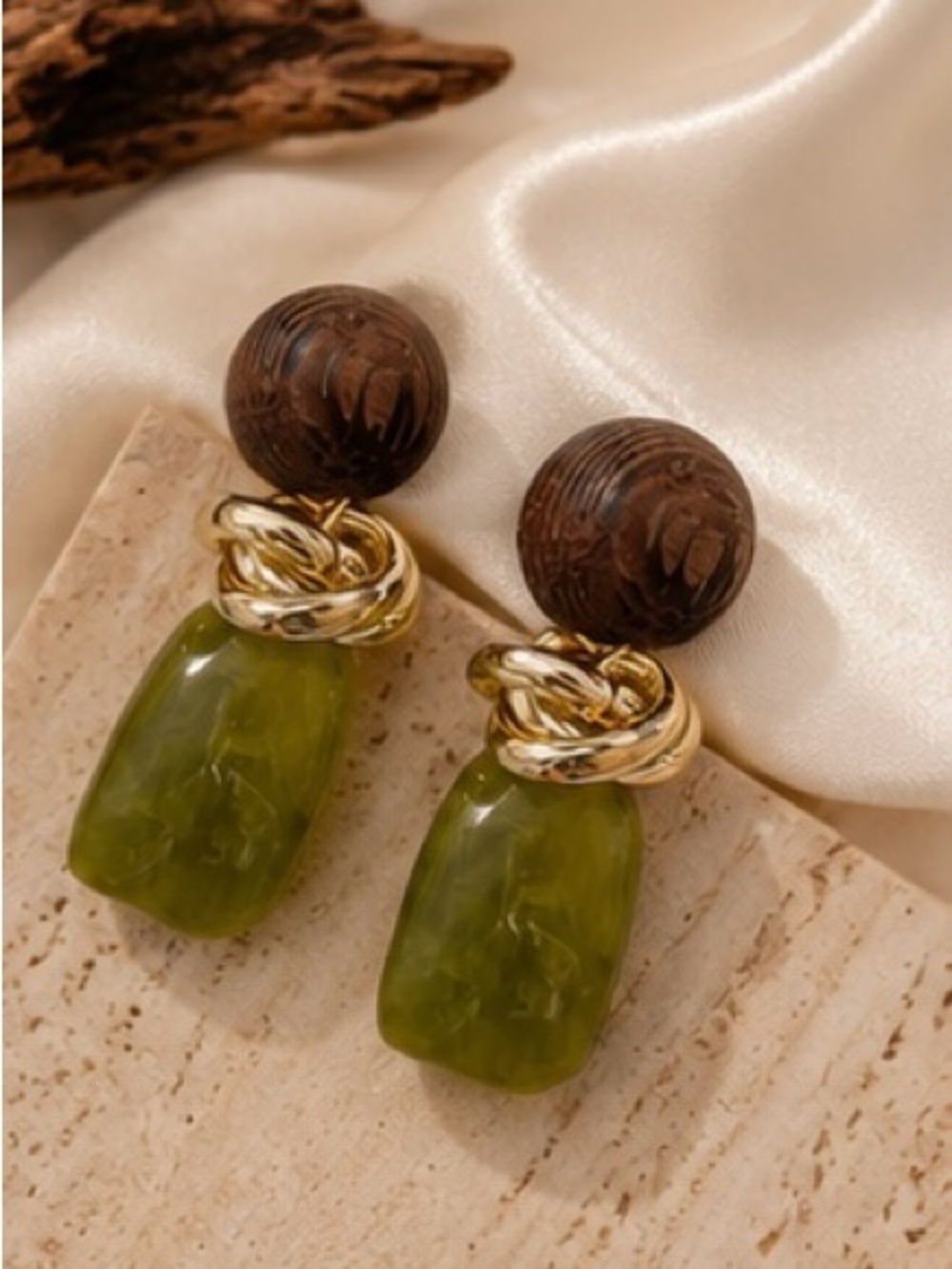 Vintage Olive Green Drop Earrings Gold Tone Statement Earrings